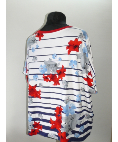 Bluzka oversize w marynarskie paski i kwiaty - biodra 138cm